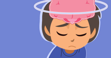 Illustration shows an image of a brain above a child's head.