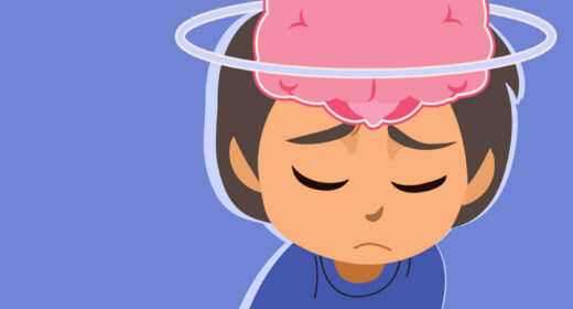 Illustration shows an image of a brain above a child's head.
