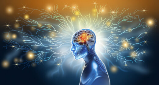 Illustration of a human head and brain surrounded by branching nerve-like pathways and glowing electrical signals.