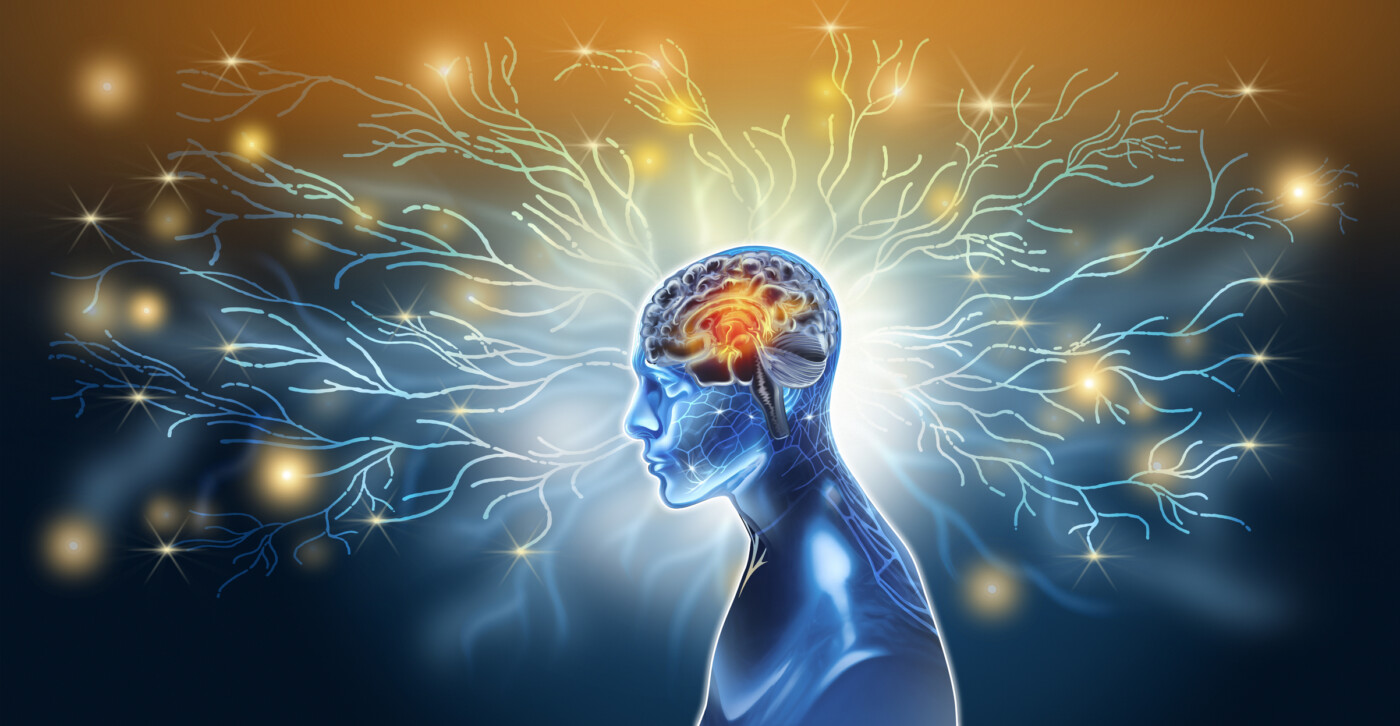 Illustration of a human head and brain surrounded by branching nerve-like pathways and glowing electrical signals.