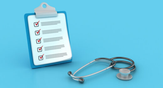 A clipboard and stethoscope are shown.