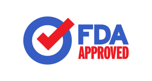 Graphic with a red check mark beside the words “FDA Approved” in blue and red.